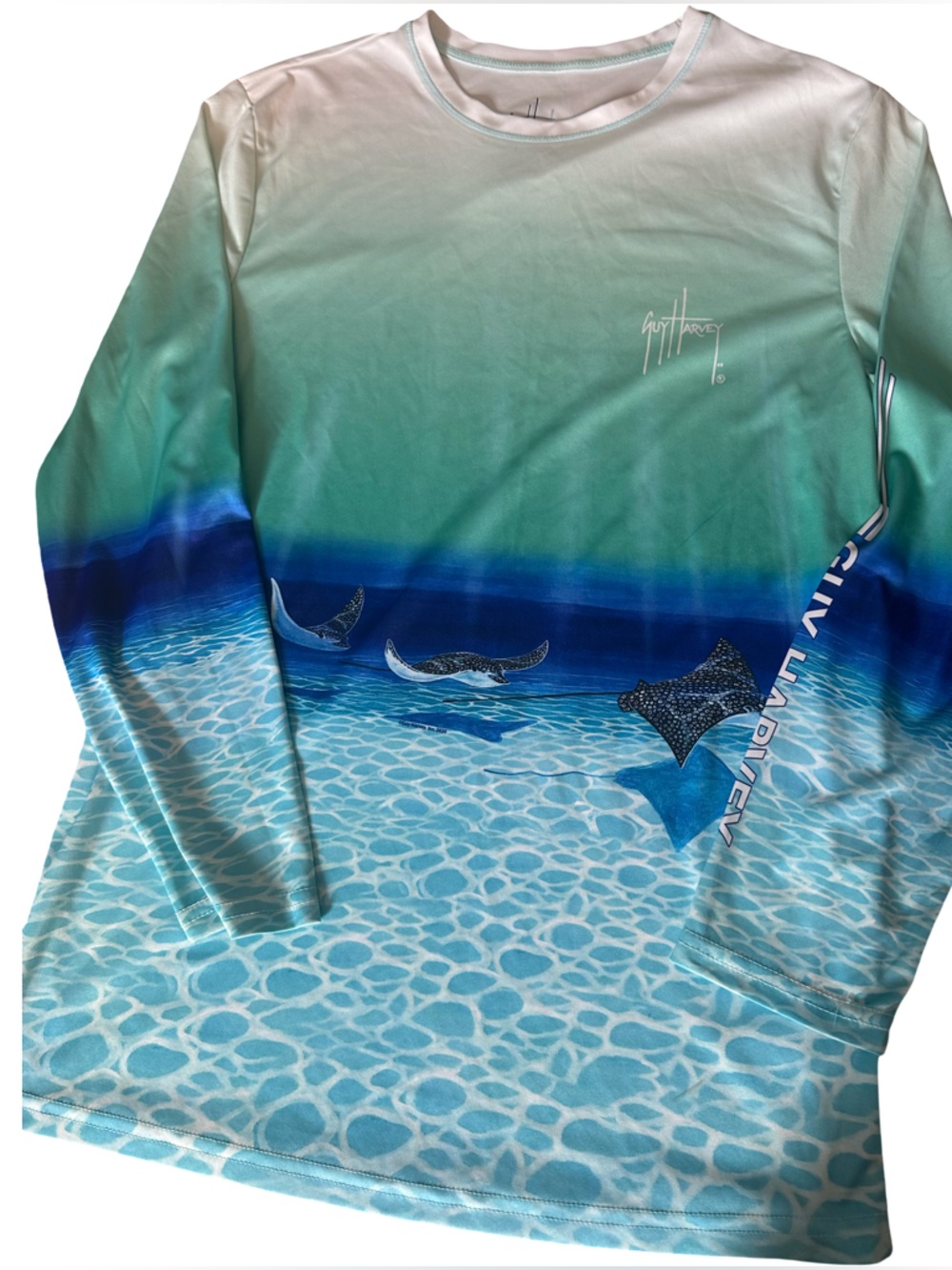 NWOT Guy Harvey Light Aqua Green and White Swim Boys Rash guard XXL